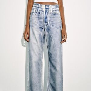 ZARA NWT🏷️ Foil Blue & White Press-Dyed Denim Wide Leg High Rise Fun! 32/14